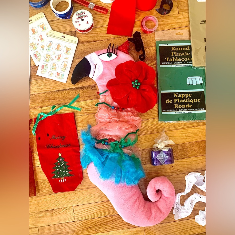 Pink Flamingo Christmas Stocking With Festive Accessories